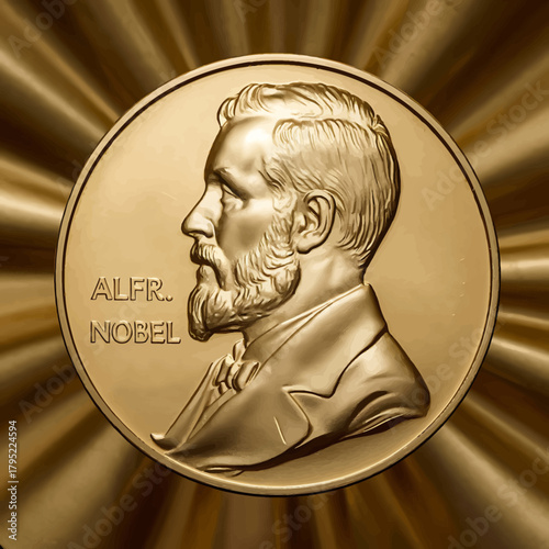 Closeup of the alfred nobel medal, a symbol of scientific achievement and innovation, with a radiant golden background