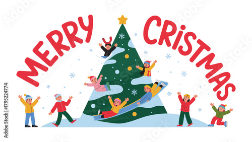 Festive Family Fun: Children frolic around a vibrantly decorated Christmas tree amidst a snowy wonderland. Capturing the spirit of joy and the magic of Christmas.