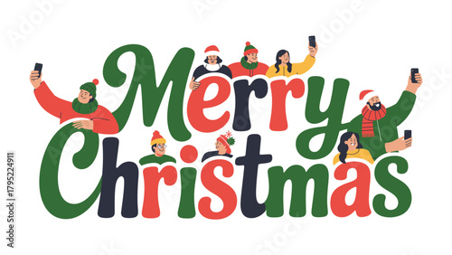 Merry Christmas Illustration: a festive illustration of a group of diverse individuals capturing selfies with a festive Merry Christmas typography. Perfect for holiday greetings.