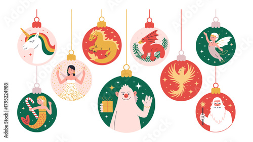 Christmas Baubles: A festive illustration of hanging Christmas baubles with unique mythical creature and Christmas characters designs.