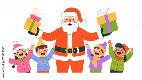 Christmas Cheer and Gifts: Santa Claus, embraced by the jubilant spirit of Christmas, stands at the center, surrounded by a group of delighted children, their faces alight with anticipation.