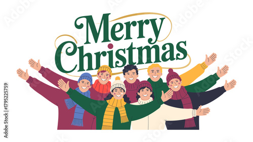 Christmas cheer: A collection of people with winter clothes and Merry Christmas typography. Perfect for holiday wishes and festive designs.