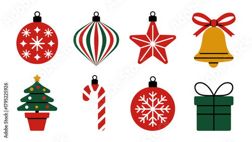 Festive Ornaments: A vibrant collection of Christmas ornaments, including baubles, star, bell, candy cane, and gift box, evoking the joy and festive spirit of the holiday season.