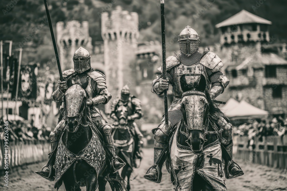 Fototapeta premium Medieval armored knights on horseback with lances, castle backdrop, monochrome.