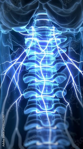 Illustration showing human nervous system in glowing blue against a dark field