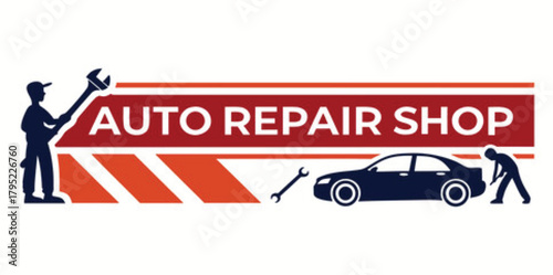 Auto Repair Shop Logo with Mechanics and Car Silhouette