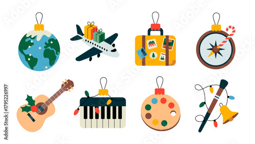 Festive Ornaments of Holiday Delights: A collection of decorative ornaments, each representing the joyful aspects of travel, music, arts, and exploration.