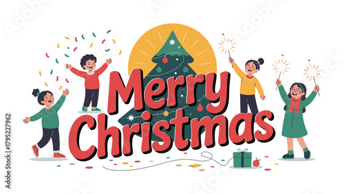 Festive Gathering: Joyful children gather around a decorated Christmas tree, celebrating the holiday spirit with cheerful fireworks and confetti. 