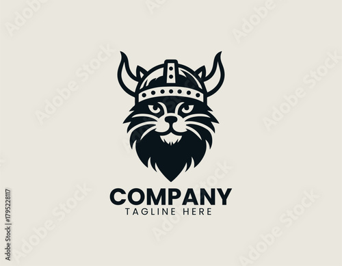 Viking cat holds strong stance wearing helmet in bold heroic logo design