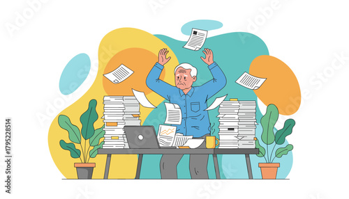 Stressed senior businessman overwhelmed by huge paperwork stacks and deadlines Burnout concept