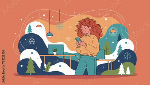 Woman uses phone in a warm stylized winter office setting