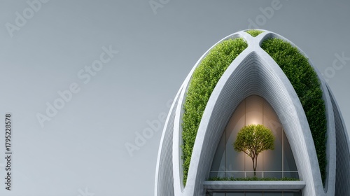 Fototapeta Naklejka Na Ścianę i Meble -  Biophilic Architecture 3D Render of Green Eco-Building, Sustainable Design Biophilic Design, Eco-friendly Architecture
