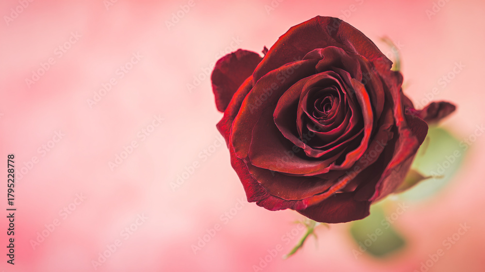 Fototapeta premium A single red rose in extreme close-up, blurred pink background creating a romantic Valentine atmosphere.