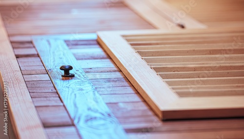 Close up on rustic wooden door with metal handle and natural wood grain detail in soft indoor lighting