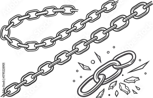 Hand-drawn metal chains and a broken link in outline style set