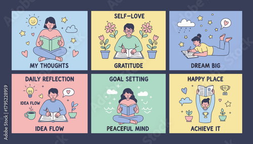 Selfcare concepts grid reflection journaling gratitude goal setting and mental wellness activities