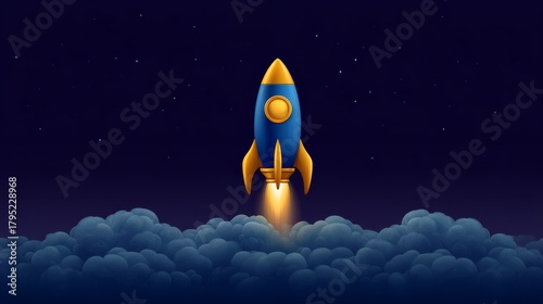 Fototapeta Naklejka Na Ścianę i Meble -  Blue and Gold Rocket Launching Through Clouds Digital Illustration, Startup Concept, Space Travel, Rocket Ship Space, Startup