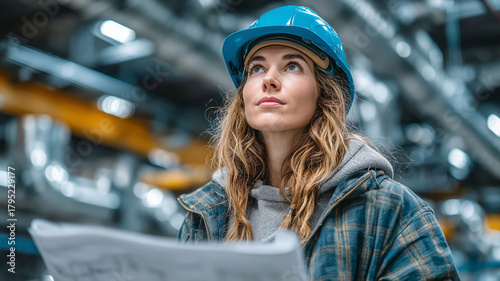 Female engineer reviews HVAC system design in manufacturing facility