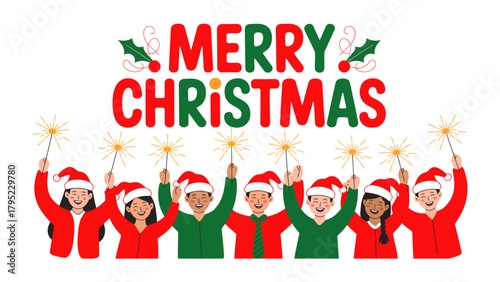 Festive Holiday Greetings: A group of diverse children are joyfully celebrating the holiday season, holding sparklers and illuminating the joyous message of Merry Christmas.