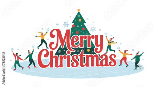 Joyful Christmas Greeting: The festive message Merry Christmas is displayed with a Christmas tree and playful figures, each merrily tossing snowballs.