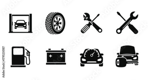 Automotive repair and maintenance icon set with tools, car parts, fuel pump and diagnostic symbols