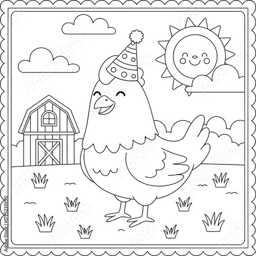 Happy chicken wearing party hat on the farm coloring page – cute barnyard animal line art for kids and preschool fun