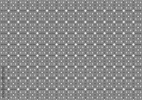 Seamless black and white geometric pattern composed of continuous curved lines forming repetitive symmetrical shapes. The structure creates a retro optical effect suitable for modern background