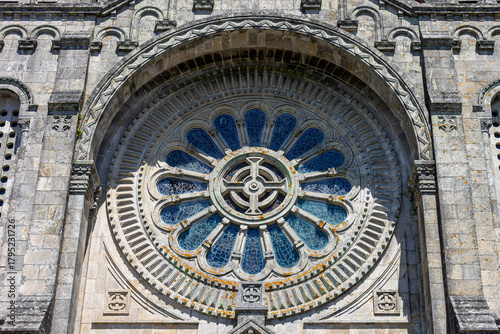 Viana do Castelo, Portugal. Close view of the main facade rose window of the Sanctuary of Santa Luzia, a large granite oculus inspired by French Gothic designs and completed in 1943