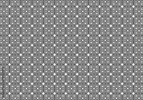 Seamless black and white geometric pattern composed of continuous curved lines forming repetitive symmetrical shapes. The structure creates a retro optical effect suitable for modern background