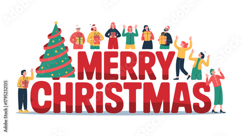 Festive Christmas: joyful scene with the lettering Merry Christmas and diverse individuals holding presents, and decorated tree brings holiday cheer and celebration.