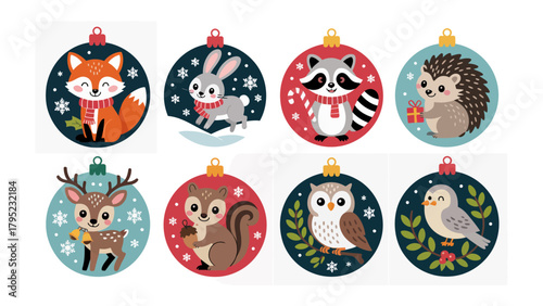 Festive Forest Friends: A collection of charming, illustrated ornaments featuring adorable woodland creatures like a fox, rabbit, raccoon, hedgehog, deer, squirrel, owl, and bird.