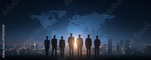 Global Business Team Silhouette Night Cityscape, World Map Background, Teamwork Concept, Global Expansion Global Business, International Team
