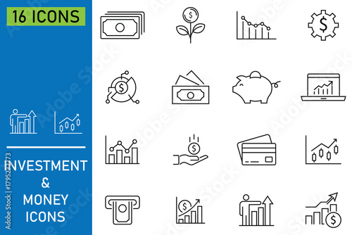 Set of money icon set. Includes symbols money, paycheck, growth, profit, coin, budget, income, growth, profit and finance. Outline symbol collection. wealth-building strategies for economic success. 
