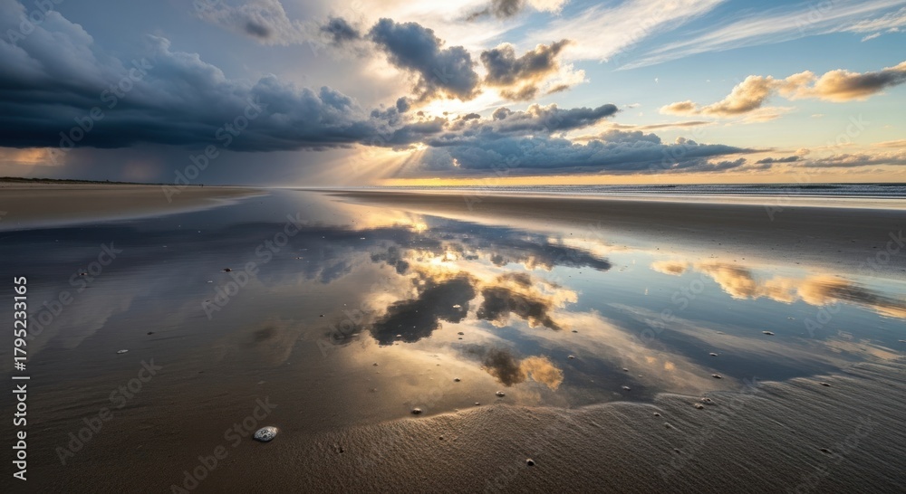 Fototapeta premium Dramatic Sunset Sky with Golden Sunrays and Cloud Reflections on a Pristine Beach