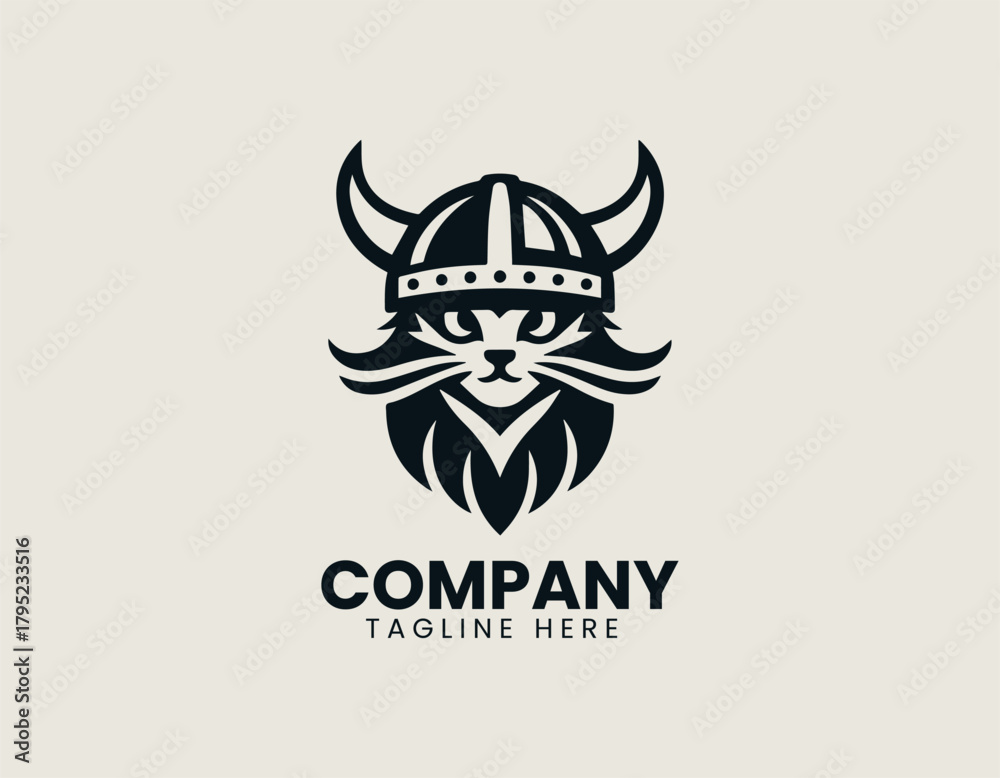 Fototapeta premium Viking cat holds strong stance wearing helmet in bold heroic logo design