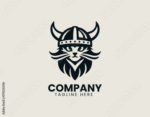 Viking cat holds strong stance wearing helmet in bold heroic logo design
