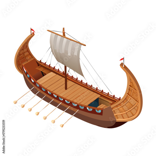 Vintage wooden sailboat model isolated on a nautical water background for a travel vessel illustration