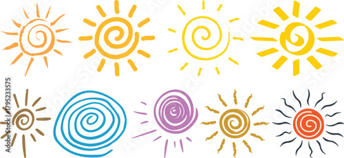 Three stylized sun symbols . A collection of fifteen black stylized sun and starburst icons arranged in three rows against a muted beige background offering a variety of graphic design elements