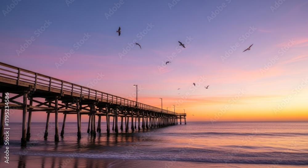 Obraz premium Vibrant Sunrise over Coastal Pier with Flying Birds and Tranquil Ocean