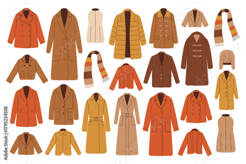 Winter clothing and accessories collection, including fashionable coats