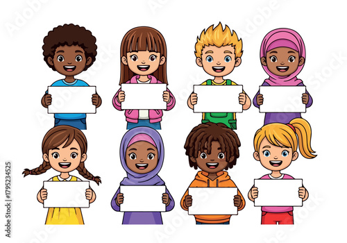 Cute multicultural children presenting blank cards, showing inclusivity and joy, perfect for educational, promotional, and creative kids’ design projects