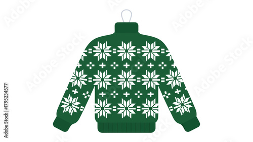 Cozy Winter Sweater Ornament: A festive green sweater ornament with a high collar, adorned with a pattern of white snowflakes, designed to bring a touch of holiday warmth to your decor.