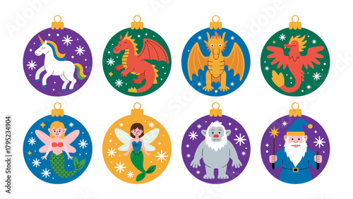 Magical Ornaments: A vibrant collection of whimsical ornaments. Featuring mythical creatures, these ornaments evoke a sense of wonder and enchantment, creating a visually captivating display.
