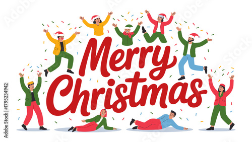 Joyful Christmas: A vibrant scene captures the spirit of Christmas, featuring people rejoicing and celebrating the festive season. People spread cheer with confetti and holiday joy. 