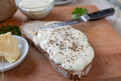 Cooked cheese with caraway seeds. Traditional german recipe with harzer cheese and quark