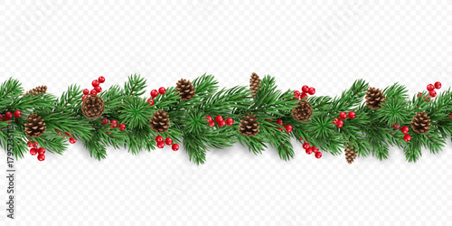 Holiday Christmas tree seamless garland with cones and red berries isolated on a transparent background. Vector realistic pine tree branches border for winter decoration banner, poster, greeting card.