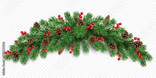Vector realistic pine tree branches, cones and red berries isolated on a transparent background. Holiday Christmas tree garland for winter decoration banner, poster, greeting card.