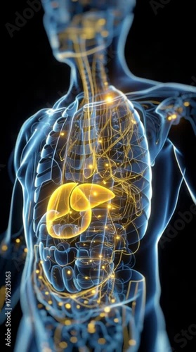 Medical illustration of human internal anatomy with highlighted organs including the liver