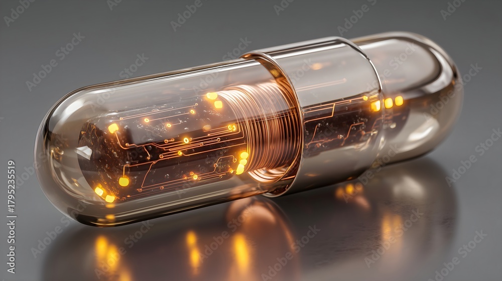 Fototapeta premium Futuristic smart pill with glowing orange microchip circuits