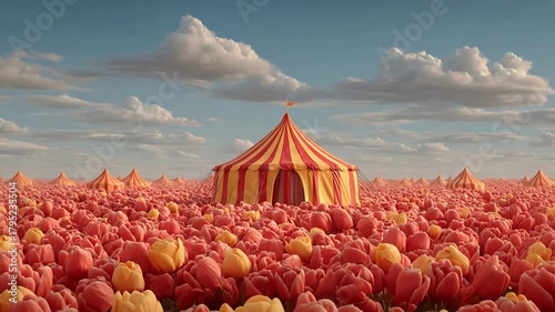 Whimsical Circus Tents Emerge from a Vast Field of Pink and Yellow Tulips.
